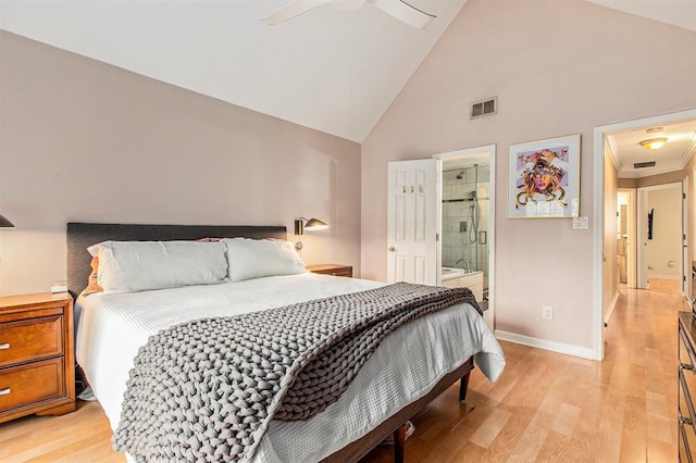 114 Emily Ln, Alpharetta, GA 30009 - bedroom with high vaulted ceiling, light wood-type flooring, connected bathroom, baseboards, and ceiling fan