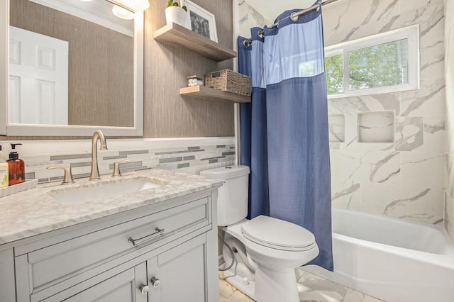 114 Emily Ln, Alpharetta, GA 30009 - full bath featuring vanity, toilet, shower / bath combo, tile walls, and a wainscoted wall
