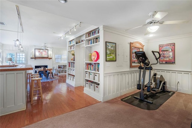 workout room with carpet floors, built in features, visible vents, a decorative wall, and a ceiling fan