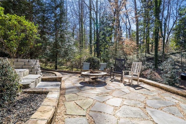 view of patio / terrace featuring a fire pit