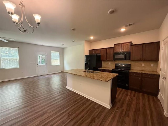 6474 Grey Fox Way, Riverdale, GA 30296 - kitchen featuring black appliances, dark wood-type flooring, a sink, a chandelier, and recessed lighting