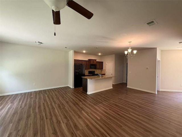 6474 Grey Fox Way, Riverdale, GA 30296 - unfurnished living room with baseboards, a chandelier, dark wood-style floors, ceiling fan, and recessed lighting