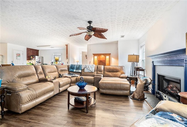 living area featuring a wealth of natural light, a fireplace, and dark wood-style flooring