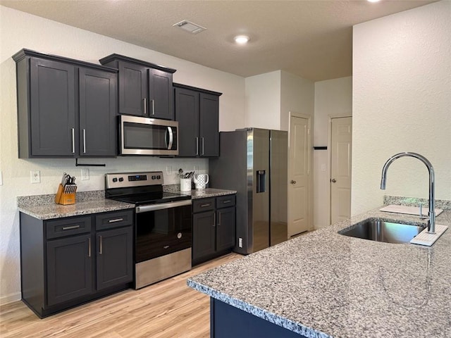 kitchen with light wood-style flooring, light stone countertops, visible vents, appliances with stainless steel finishes, and a sink
