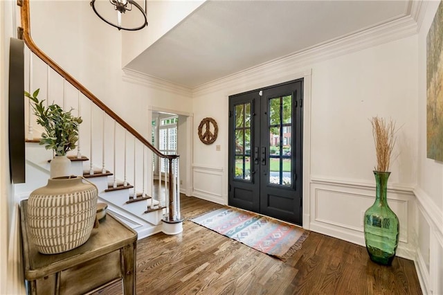 3275 Lord N Lady Ln, Alpharetta, GA 30022 - foyer featuring a decorative wall, stairs, ornamental molding, wood finished floors, and french doors
