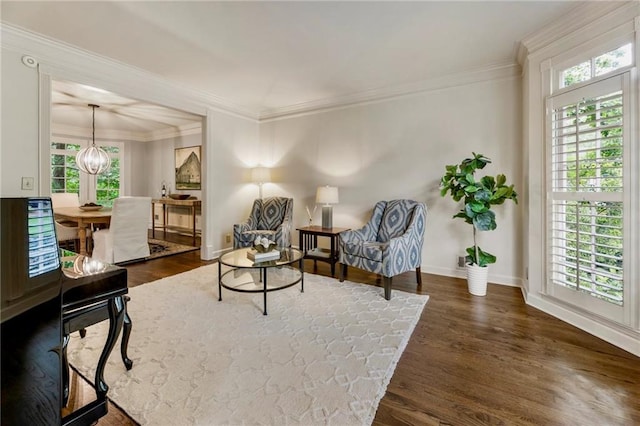 3275 Lord N Lady Ln, Alpharetta, GA 30022 - living area with dark wood-type flooring, baseboards, ornamental molding, and a chandelier