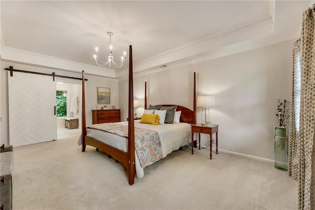 3275 Lord N Lady Ln, Alpharetta, GA 30022 - carpeted bedroom with crown molding, a barn door, a chandelier, a tray ceiling, and baseboards