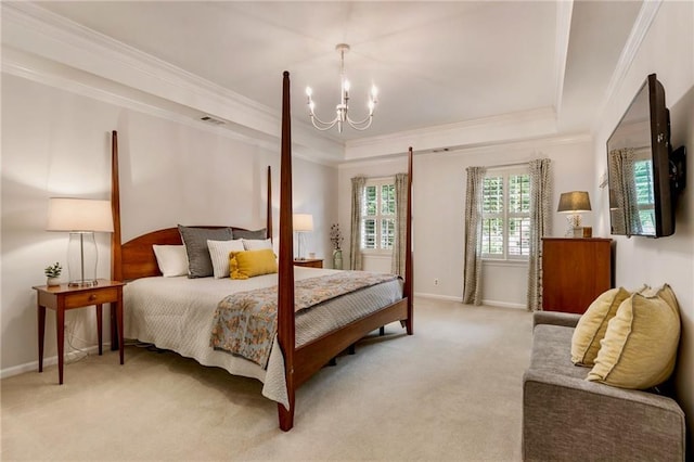 3275 Lord N Lady Ln, Alpharetta, GA 30022 - bedroom with a chandelier, a tray ceiling, crown molding, light colored carpet, and baseboards