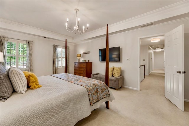 3275 Lord N Lady Ln, Alpharetta, GA 30022 - bedroom with ornamental molding, a chandelier, light carpet, baseboards, and a tray ceiling