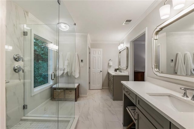 3275 Lord N Lady Ln, Alpharetta, GA 30022 - full bathroom featuring a shower stall, marble look tile flooring, two vanities, and crown molding