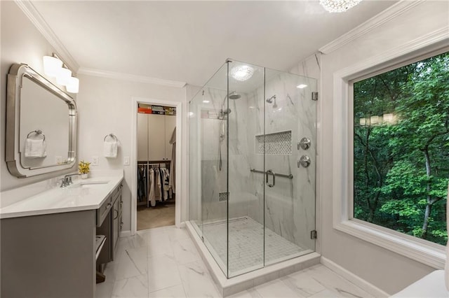 3275 Lord N Lady Ln, Alpharetta, GA 30022 - bathroom featuring marble finish floors, baseboards, vanity, crown molding, and a marble finish shower