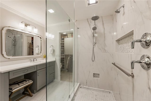 3275 Lord N Lady Ln, Alpharetta, GA 30022 - bathroom with a marble finish shower, crown molding, vanity, and a walk in closet