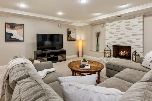 3275 Lord N Lady Ln, Alpharetta, GA 30022 - carpeted living room featuring crown molding, baseboards, a fireplace, and recessed lighting