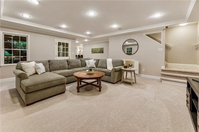 3275 Lord N Lady Ln, Alpharetta, GA 30022 - living area featuring a tray ceiling, ornamental molding, light carpet, baseboards, and recessed lighting