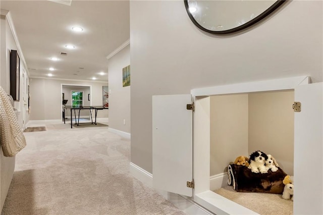 3275 Lord N Lady Ln, Alpharetta, GA 30022 - corridor with light colored carpet, ornamental molding, recessed lighting, and baseboards