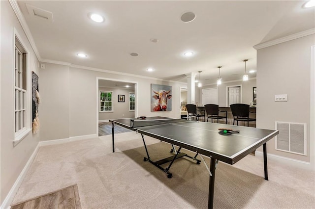 3275 Lord N Lady Ln, Alpharetta, GA 30022 - game room with light carpet, ornamental molding, ornate columns, baseboards, and recessed lighting
