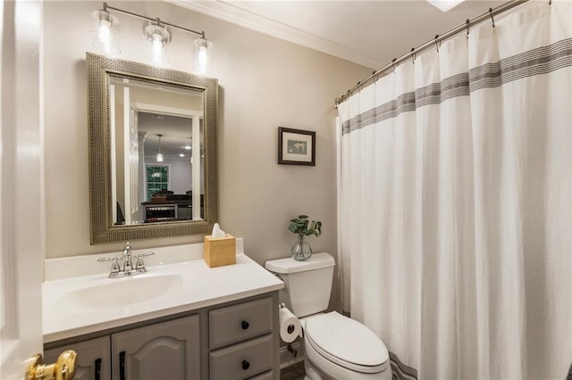 3275 Lord N Lady Ln, Alpharetta, GA 30022 - bathroom with crown molding, toilet, vanity, and curtained shower