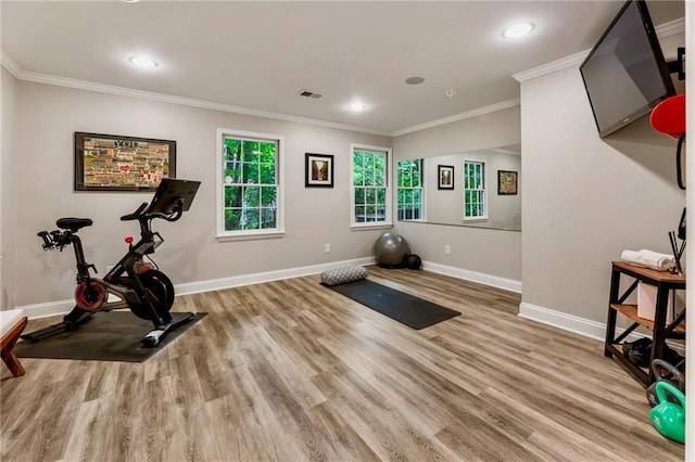 3275 Lord N Lady Ln, Alpharetta, GA 30022 - exercise area featuring baseboards, ornamental molding, wood finished floors, and recessed lighting