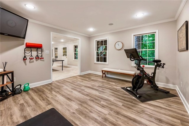 3275 Lord N Lady Ln, Alpharetta, GA 30022 - exercise area featuring crown molding, baseboards, wood finished floors, and recessed lighting
