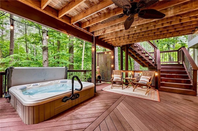 3275 Lord N Lady Ln, Alpharetta, GA 30022 - wooden terrace featuring stairs, ceiling fan, and a covered hot tub