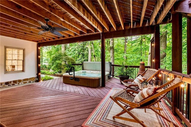 3275 Lord N Lady Ln, Alpharetta, GA 30022 - wooden terrace featuring a covered hot tub and a ceiling fan