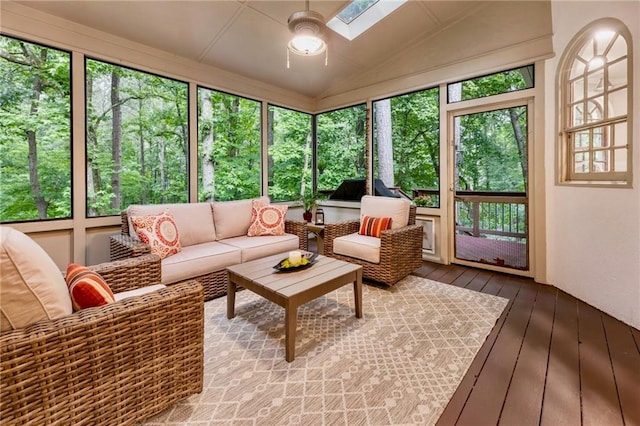 3275 Lord N Lady Ln, Alpharetta, GA 30022 - sunroom with a ceiling fan, an outdoor hangout area, vaulted ceiling, and a skylight