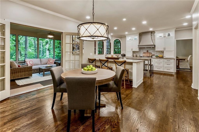 3275 Lord N Lady Ln, Alpharetta, GA 30022 - dining room with ornamental molding, recessed lighting, and dark wood-style flooring