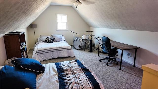 carpeted bedroom with baseboards, a textured ceiling, ceiling fan, and vaulted ceiling