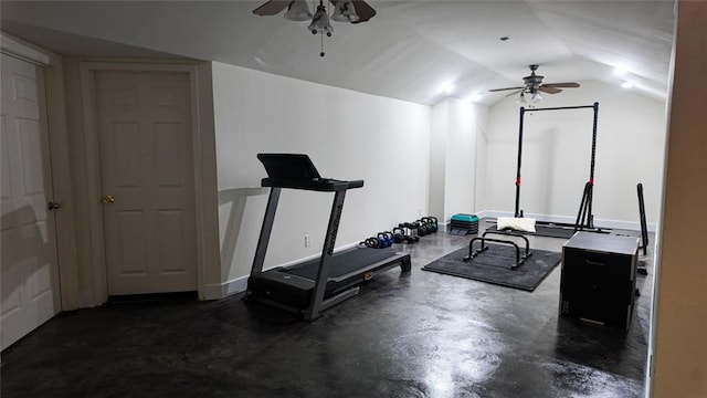 workout area featuring lofted ceiling and ceiling fan