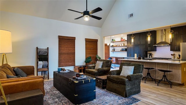 living area with light wood-type flooring, visible vents, high vaulted ceiling, and a ceiling fan