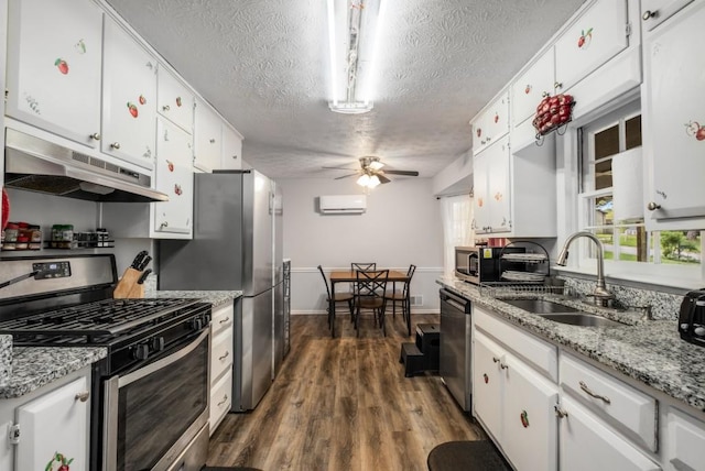 kitchen with a wall mounted AC, under cabinet range hood, a sink, stainless steel appliances, and white cabinets