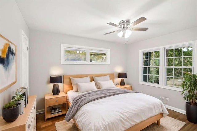 bedroom featuring multiple windows, ceiling fan, and dark hardwood / wood-style floors