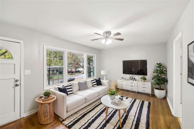 living room with hardwood / wood-style flooring and ceiling fan