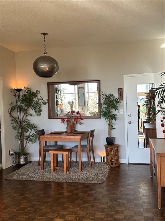 dining room with a healthy amount of sunlight, a textured ceiling, and dark parquet flooring