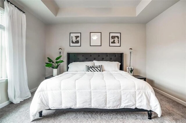 carpeted bedroom with baseboards and a raised ceiling