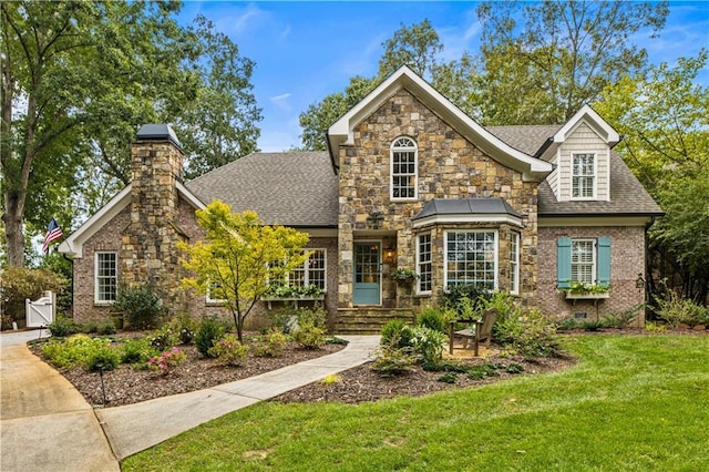 traditional-style house featuring roof with shingles, brick siding, and a front lawn