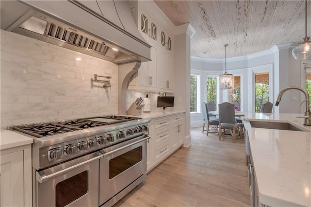 kitchen featuring double oven range, custom exhaust hood, crown molding, wood ceiling, and white cabinets