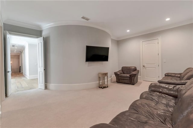 living area with ornamental molding, carpet, recessed lighting, and baseboards