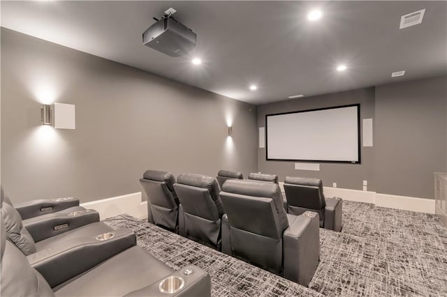cinema with recessed lighting, baseboards, and carpet floors