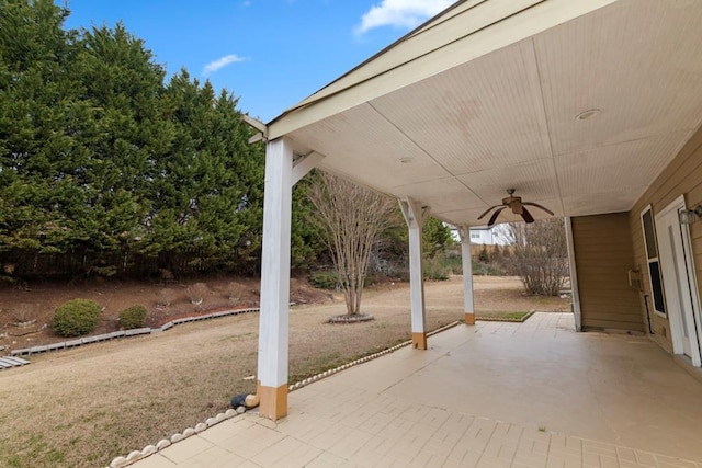 view of patio featuring ceiling fan