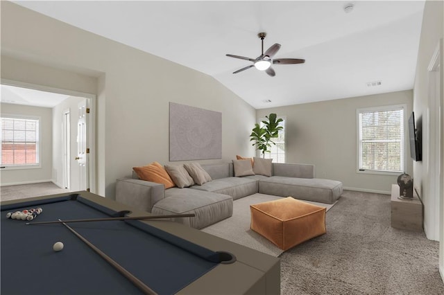 3485 Walnut Rdg, Atlanta, GA 30349 - carpeted living room featuring lofted ceiling, ceiling fan, baseboards, and billiards