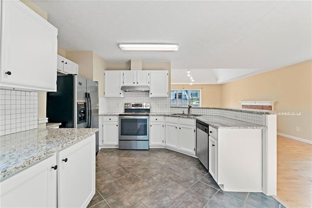 kitchen featuring under cabinet range hood, a peninsula, appliances with stainless steel finishes, and decorative backsplash