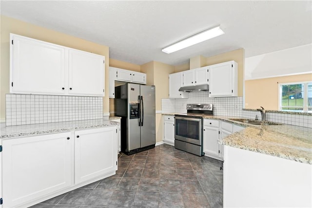 kitchen with white cabinets, a sink, stainless steel appliances, backsplash, and under cabinet range hood