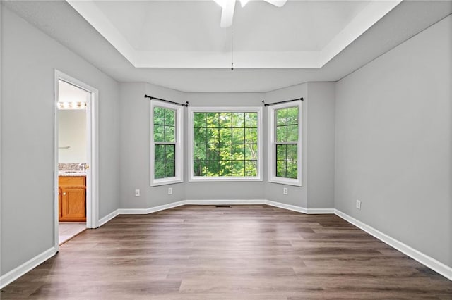 interior space featuring baseboards, dark wood-style floors, and a raised ceiling