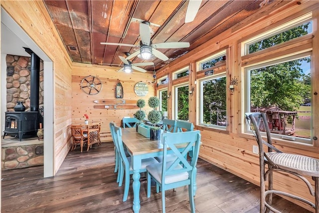 184 Bradley Rd, Jackson, GA 30233 - sunroom with wood walls, a wood stove, wooden ceiling, wood finished floors, and plenty of natural light