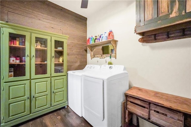 184 Bradley Rd, Jackson, GA 30233 - laundry room featuring cabinet space, washer and clothes dryer, wooden walls, and dark wood-style floors