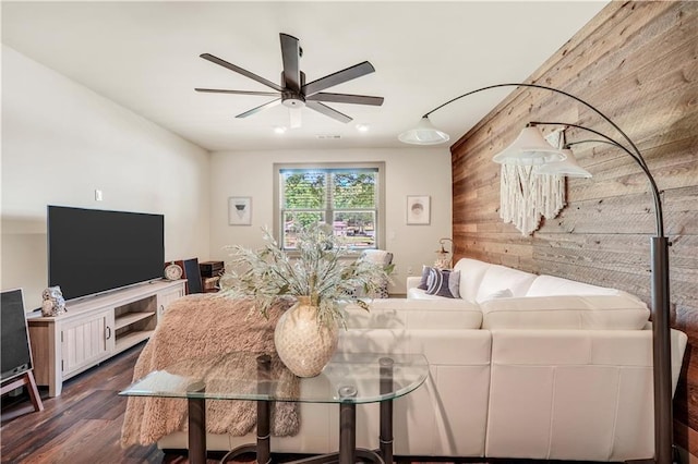 184 Bradley Rd, Jackson, GA 30233 - living room with a ceiling fan, dark wood finished floors, wooden walls, and recessed lighting