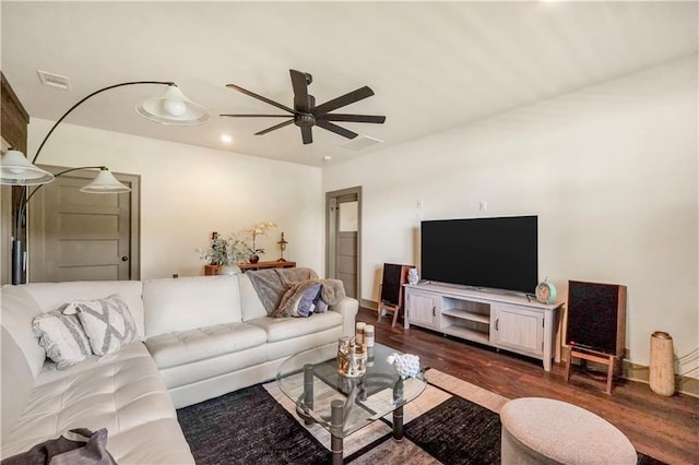 184 Bradley Rd, Jackson, GA 30233 - living room with dark wood finished floors, ceiling fan, and recessed lighting