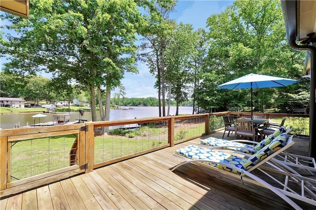 184 Bradley Rd, Jackson, GA 30233 - wooden deck with a water view, a yard, and outdoor dining space