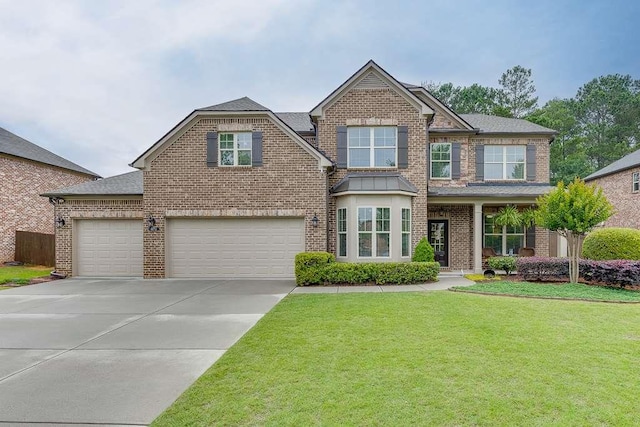 470 Wagon Hill Ln, Sugar Hill, GA 30518 - view of front of house featuring brick siding, a front yard, concrete driveway, a garage, and roof with shingles